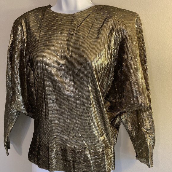 Vintage 1970s Disco Top Blouse Metallic Gold Medium Polka Dot NOS Deadstock - Picture 1 of 11